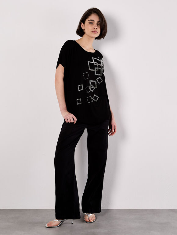 Scattered Squares Rhinestone T-Shirt, Black, large
