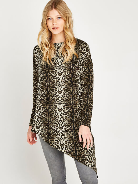 Brown Leopard Asymmetric Hem Top, Brown, large