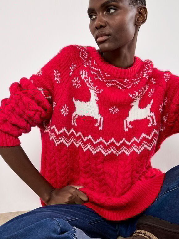 Reindeer Chunky Cable Knit Jumper, Red, large