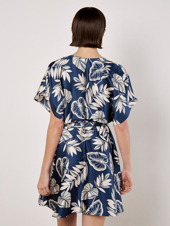 Tropical Leaf Print Satin Mini Dress, Navy, large