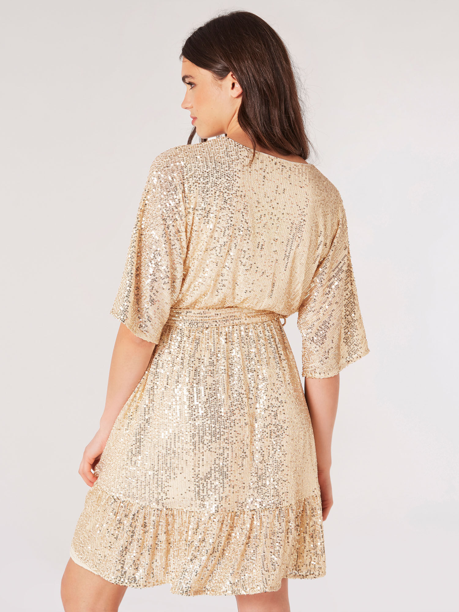 Gold Sequin Wrap Mini Dress Apricot Clothing