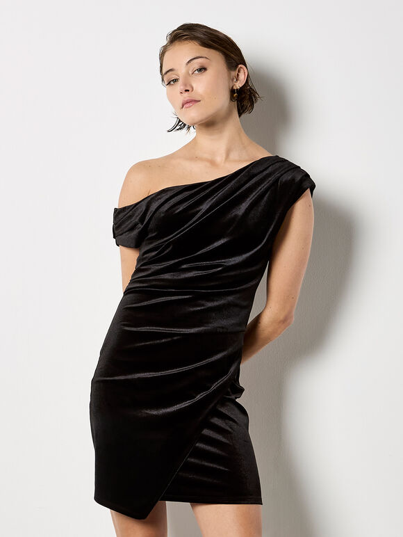 One-Shoulder Velvet Bodycon Mini Dress, Black, large