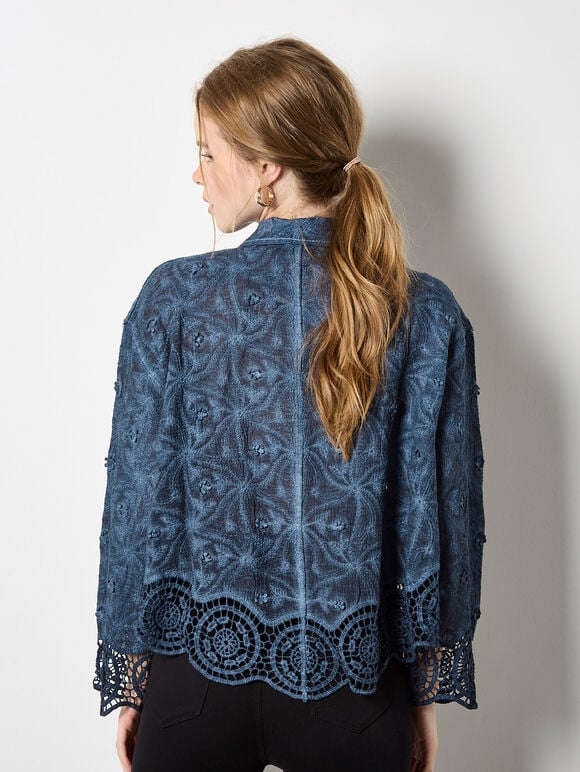 Textured Cotton Floral Crochet Blouse, Navy, large