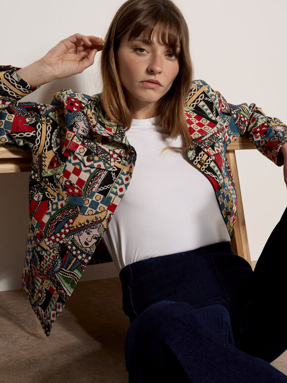 Colourful Card Tapestry Jacket, Navy, large