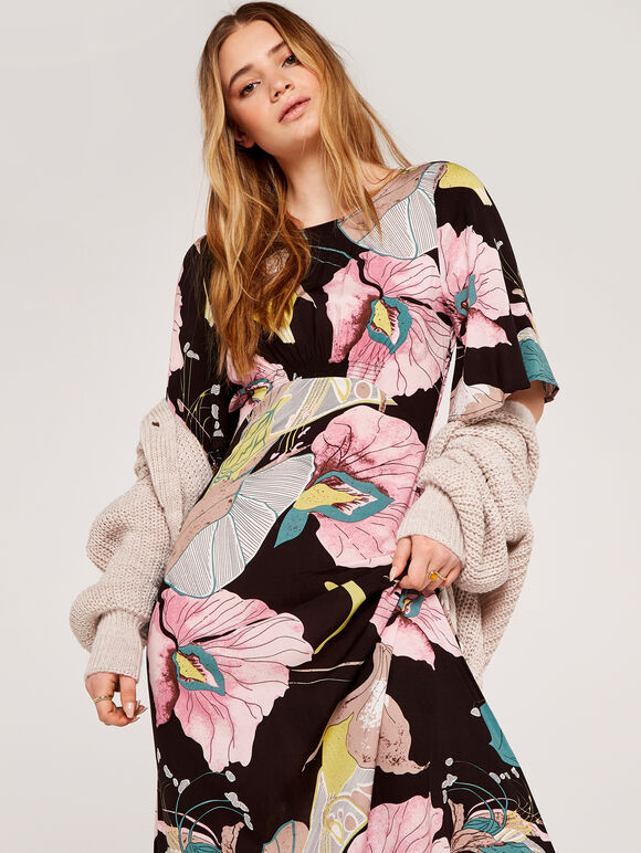Abstract Floral Maxi Dress, Black, large
