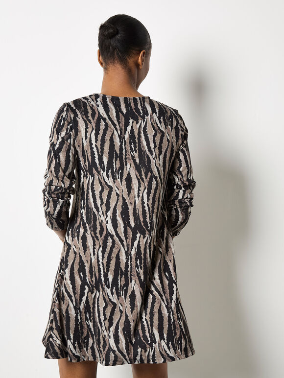 Zebra Knit Swing Mini Dress, Stone, large