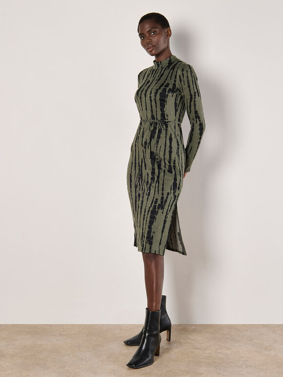 Tie Dye Soft Knit Midi Dress, Khaki, large