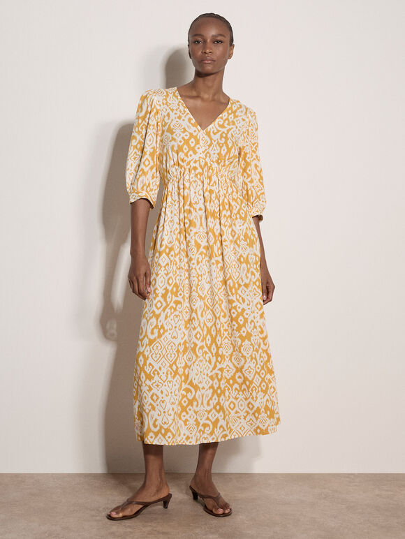 Tapestry Ikat Midi Dress, Mustard, large