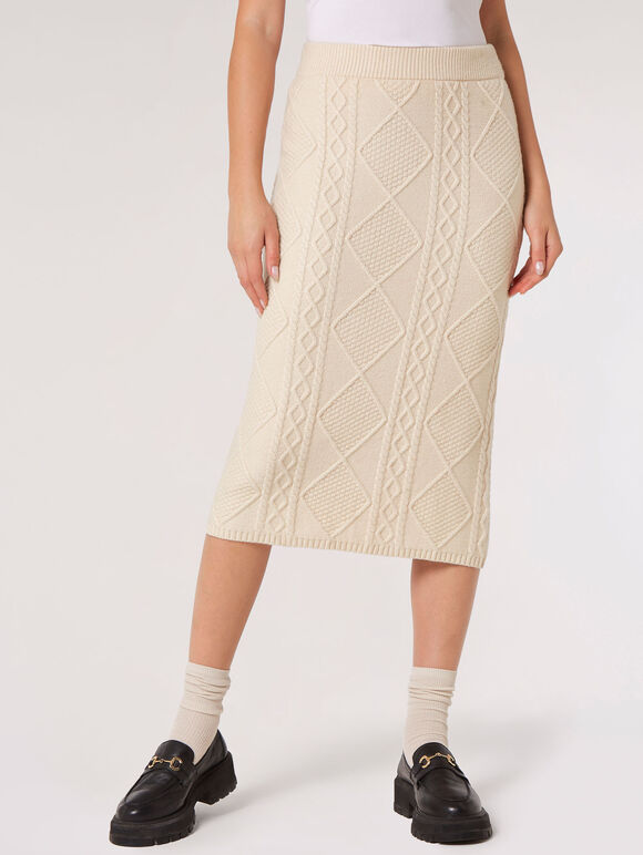 Aran Cable Knitted Midi Skirt, Stone, large