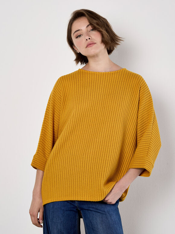 Waffle Knit Batwing Top, Mustard, large