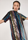 Rainbow Sequin Stripe T-Shirt Dress, Black, large