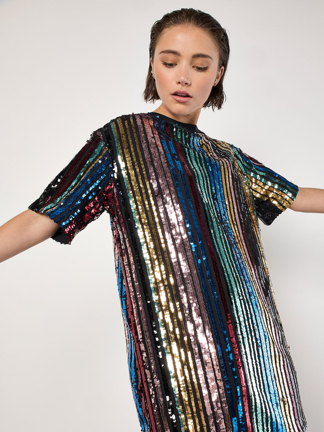Rainbow Sequin Stripe T-Shirt Dress