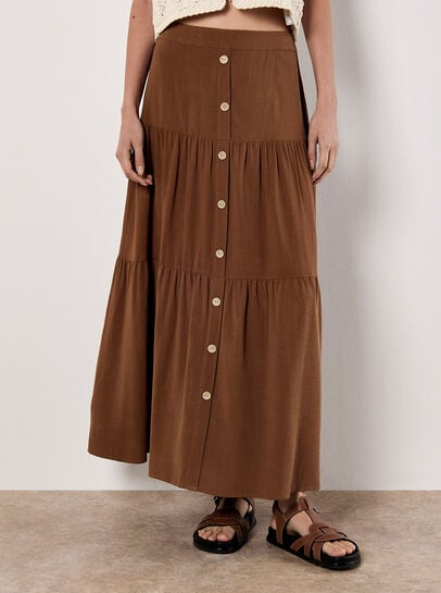 Linen Blend Tiered Maxi Skirt