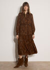 Paisley Metallic Shimmer Tiered Midi Dress, Brown, large