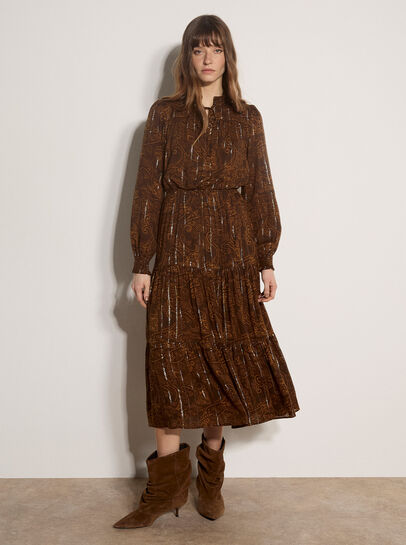Paisley Metallic Shimmer Tiered Midi Dress