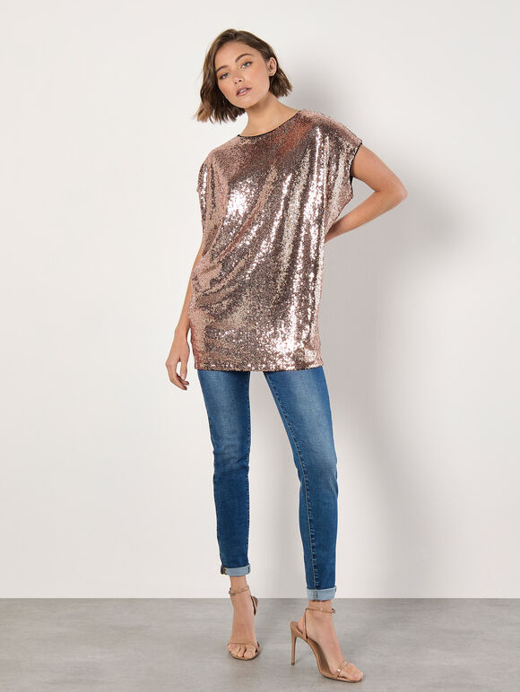 Sequin Cocoon Top, Brown, large
