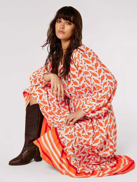 Geo Leaves Drawstring Maxi Dress, Orange, large