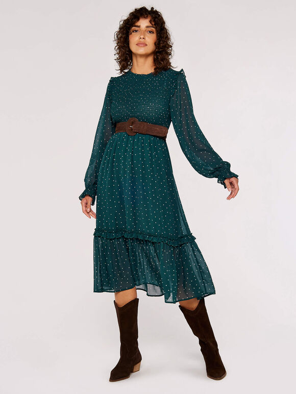 Polka Dot Smocked Midi Dress, Green, large