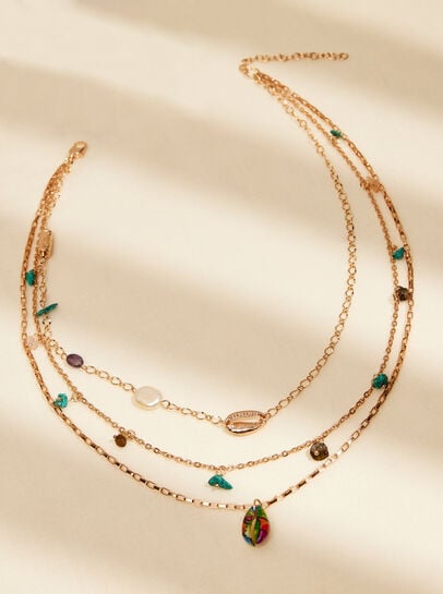 Gold Tone Layered Stone & Shell Necklace