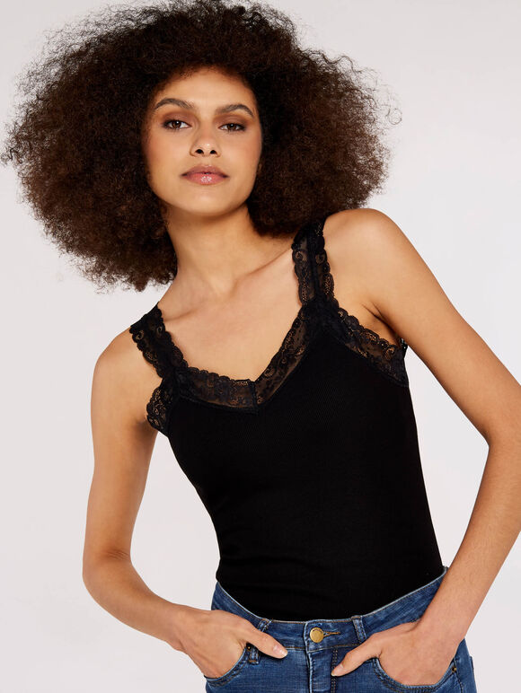 Stretch Lace Cami Top, Black, large