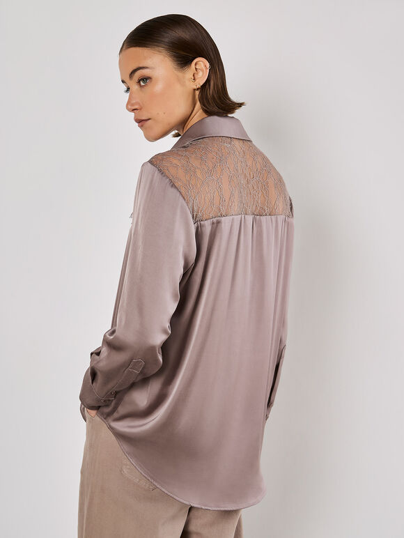 Lace Insert Oversized Satin Shirt, Grey, large