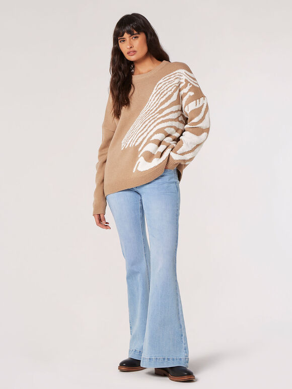 Fuzzy Zebra Stripe Oversized Jumper, Stone, large