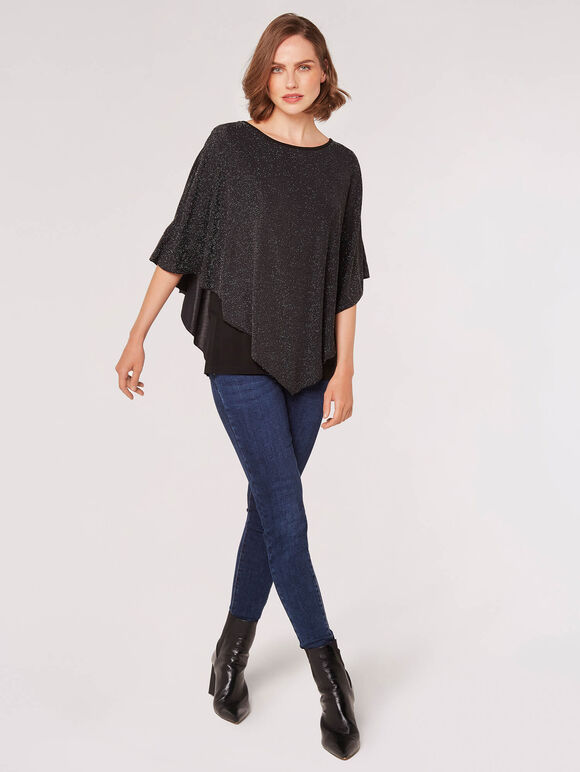Asymmetric Sparkle Cape Top, Black, large