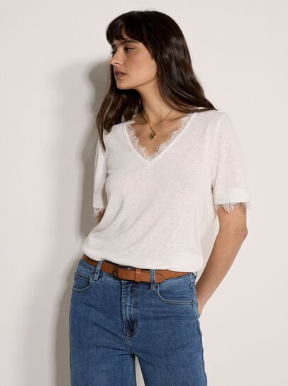 Slub Jersey Eyelash Lace T-Shirt