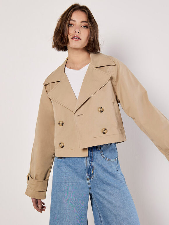 Cropped Trench Coat, Stone, large