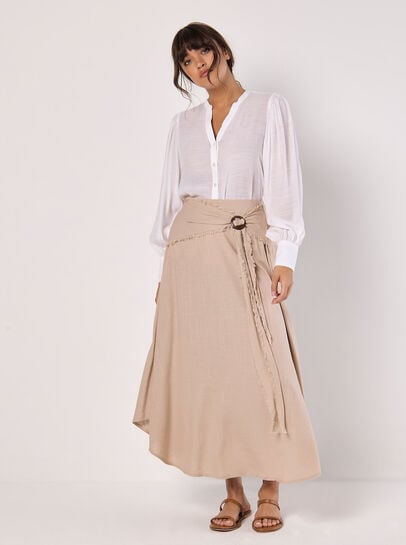 Linen Blend Hanky Hem Midi Skirt