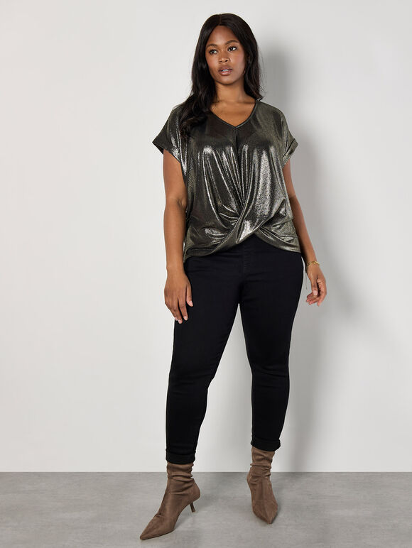 Curve Metallic Foil Twist Hem Top, Yellow, large
