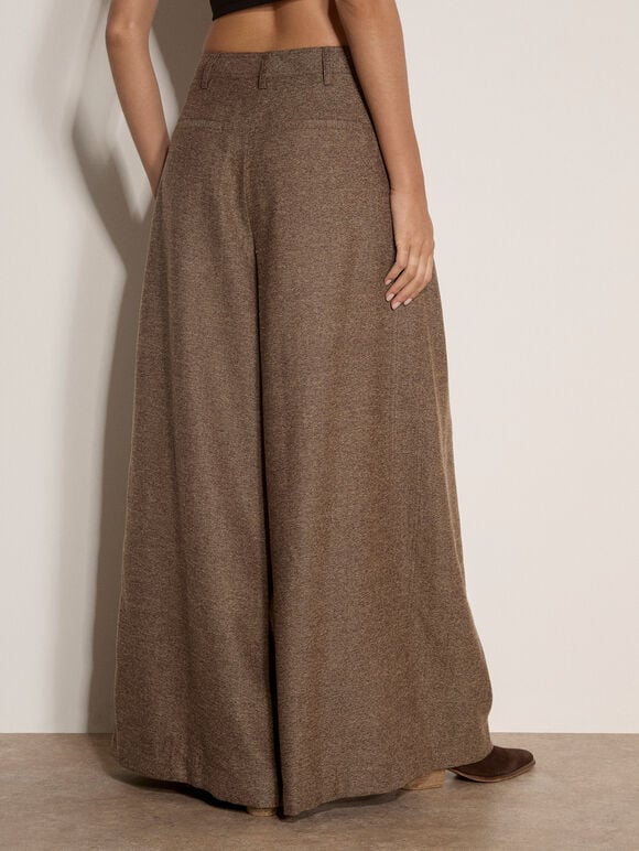 Herringbone Tweed Wide-Leg Trousers, Brown, large