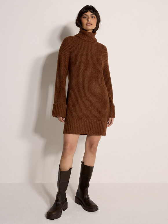 Boucle Knit Fisherman Jumper Mini Dress, Rust, large