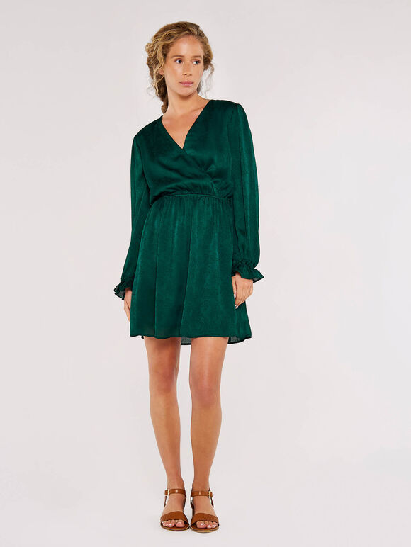 Floral Jacquard Wrap Dress, Green, large