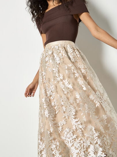 Shimmer Mesh Floral Embroidered Midi Skirt