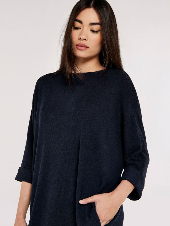 Ribbed Cocoon Mini Dress, Navy, large
