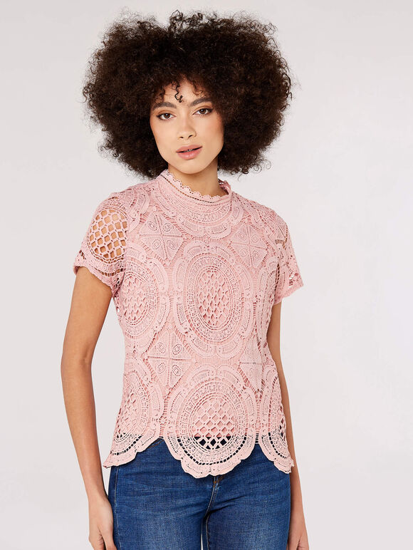 High Neck Lace Top, Pink, large