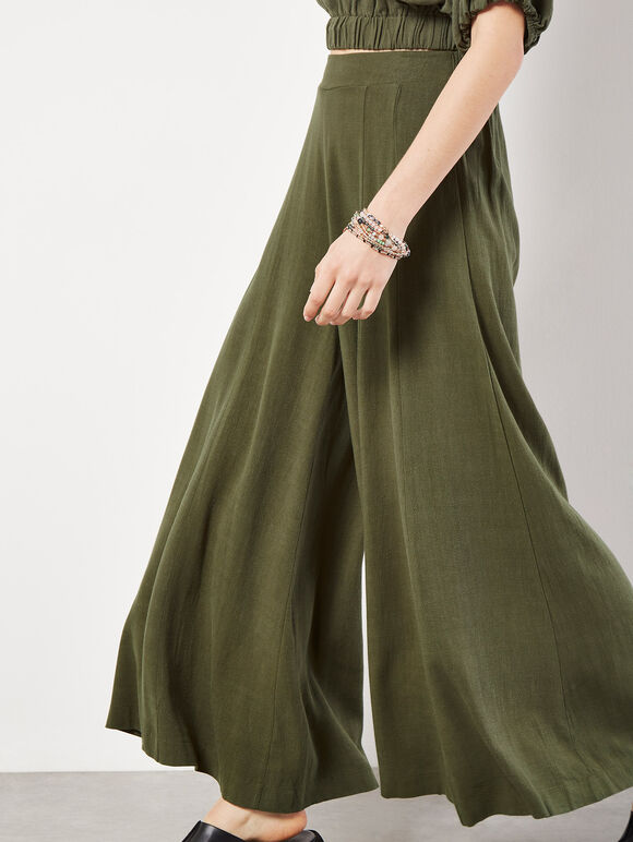 Linen Blend Palazzo Trousers, Khaki, large