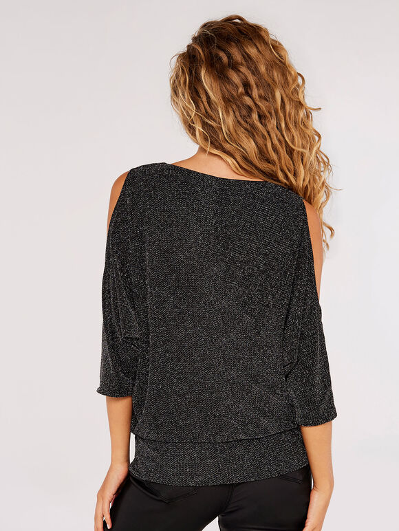 Metallic Sparkle Cold Shoulder Top, Light Grey / Silver, large