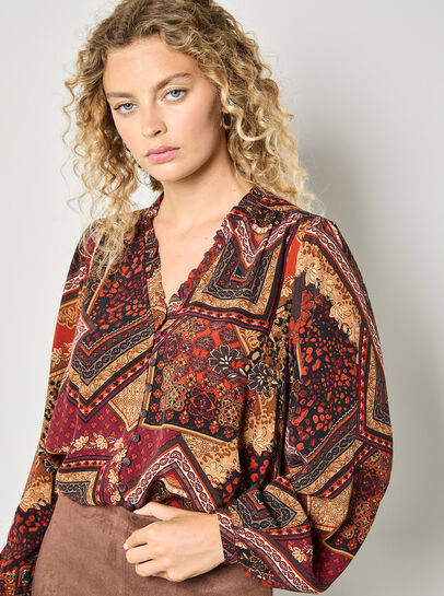 Patchwork Print Ruffle Blouse
