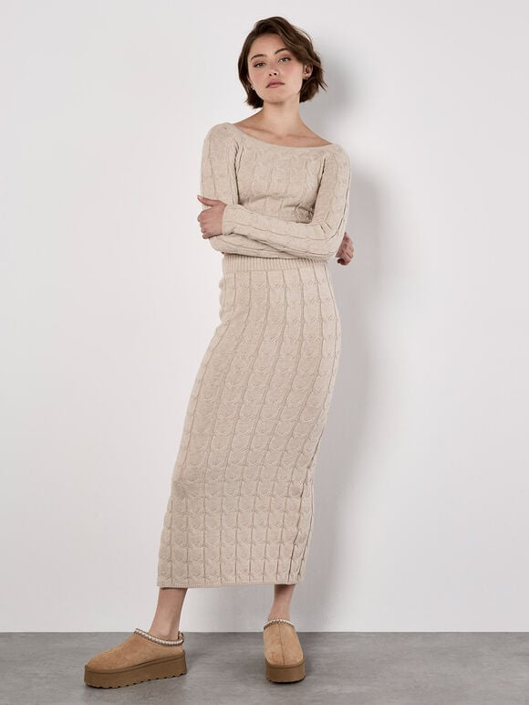 Cable Knit Cropped Jumper, Stone, large