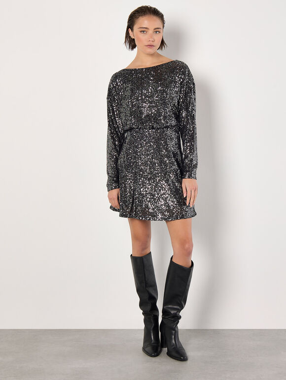 Cowl Back Sequin Mini Dress, Grey, large