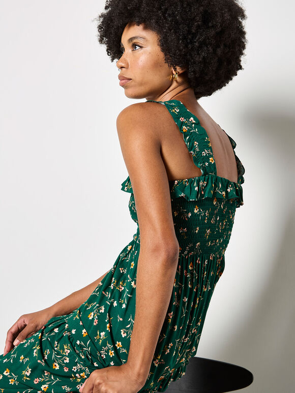 Ditsy Floral Smocked Maxi Dress, Green, large