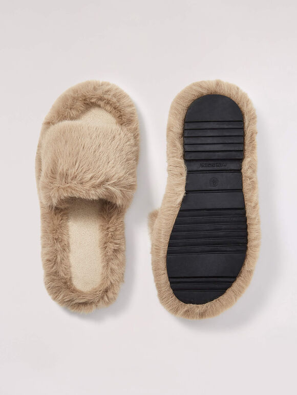 Open Toe Fluffy Slippers, Brown, large