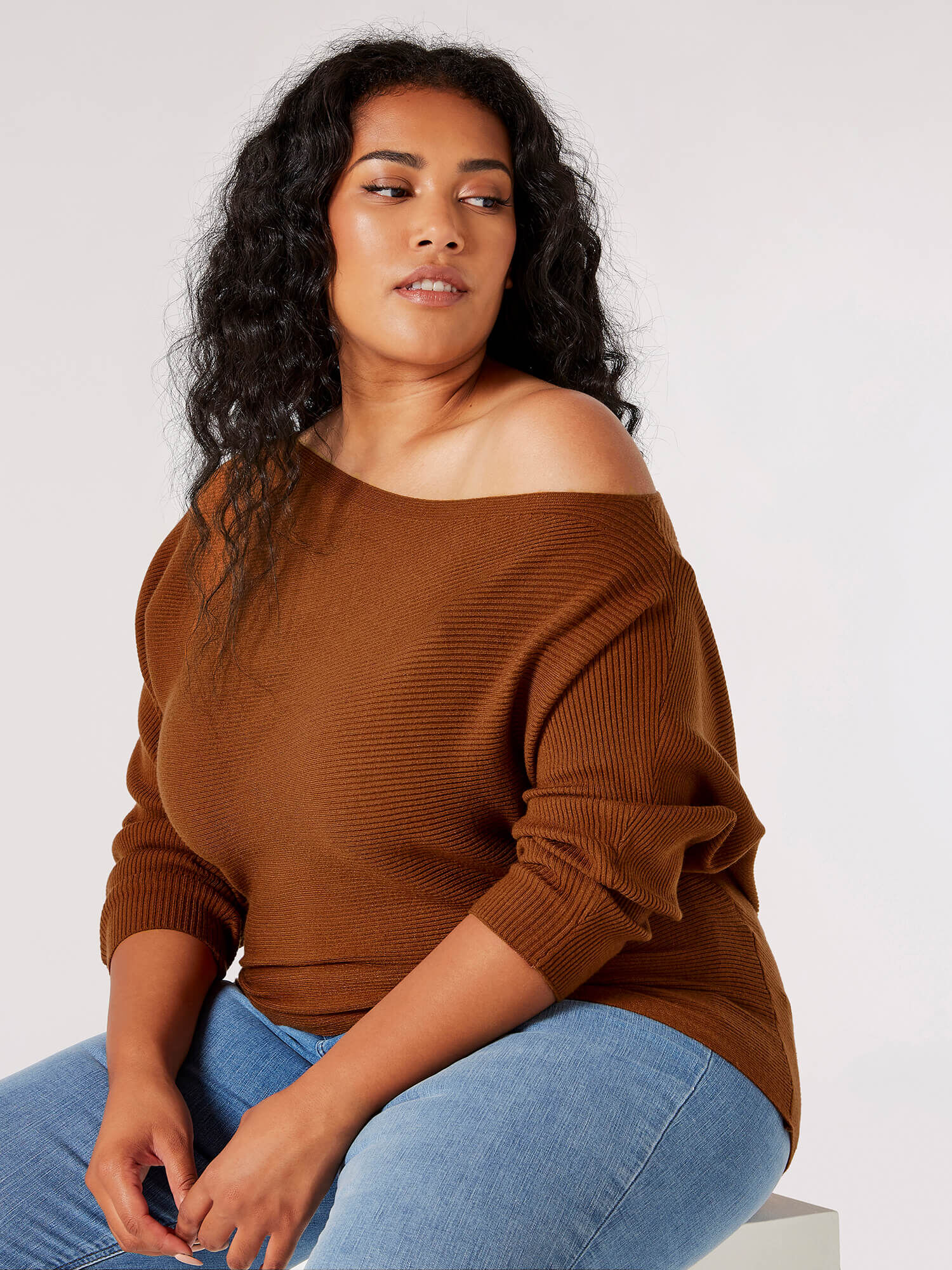 Curve Off Shoulder Ribbed Jumper Apricot Clothing