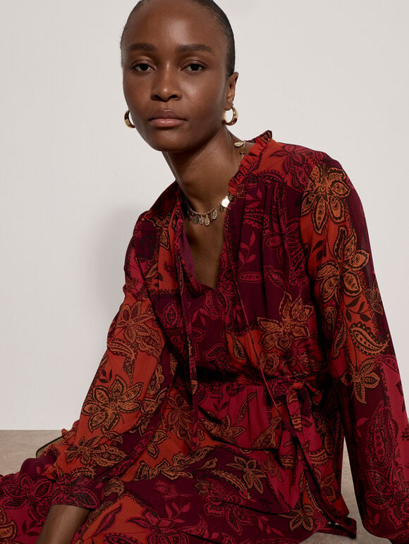 Patchwork Paisley Chiffon Maxi Dress, Burgundy, large