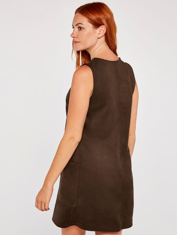 Suedette 2 Patch Pocket Shift Dress, Brown, large