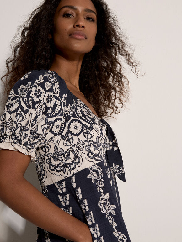 Butterfly Border Print Midi Dress, Navy, large