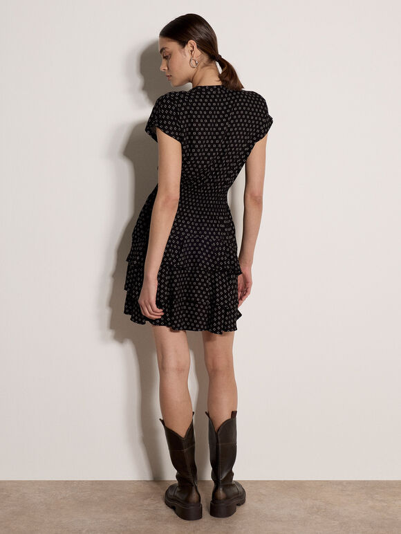 Geo Print Ruffle Mini Dress, Black, large