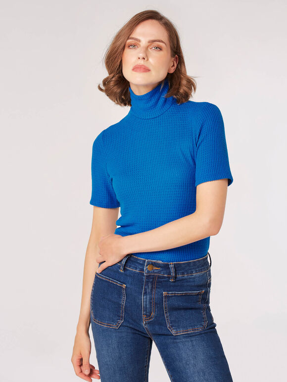 Roll Neck Waffle T-Shirt, Blue, large